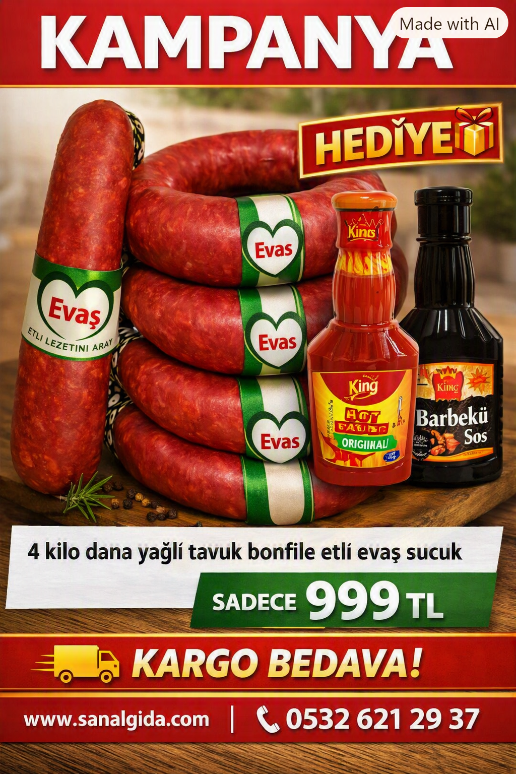 4 kilo evaş dana yağlı tavuk sucuğu yanında 333gr acı ve barbekü sos hediye 